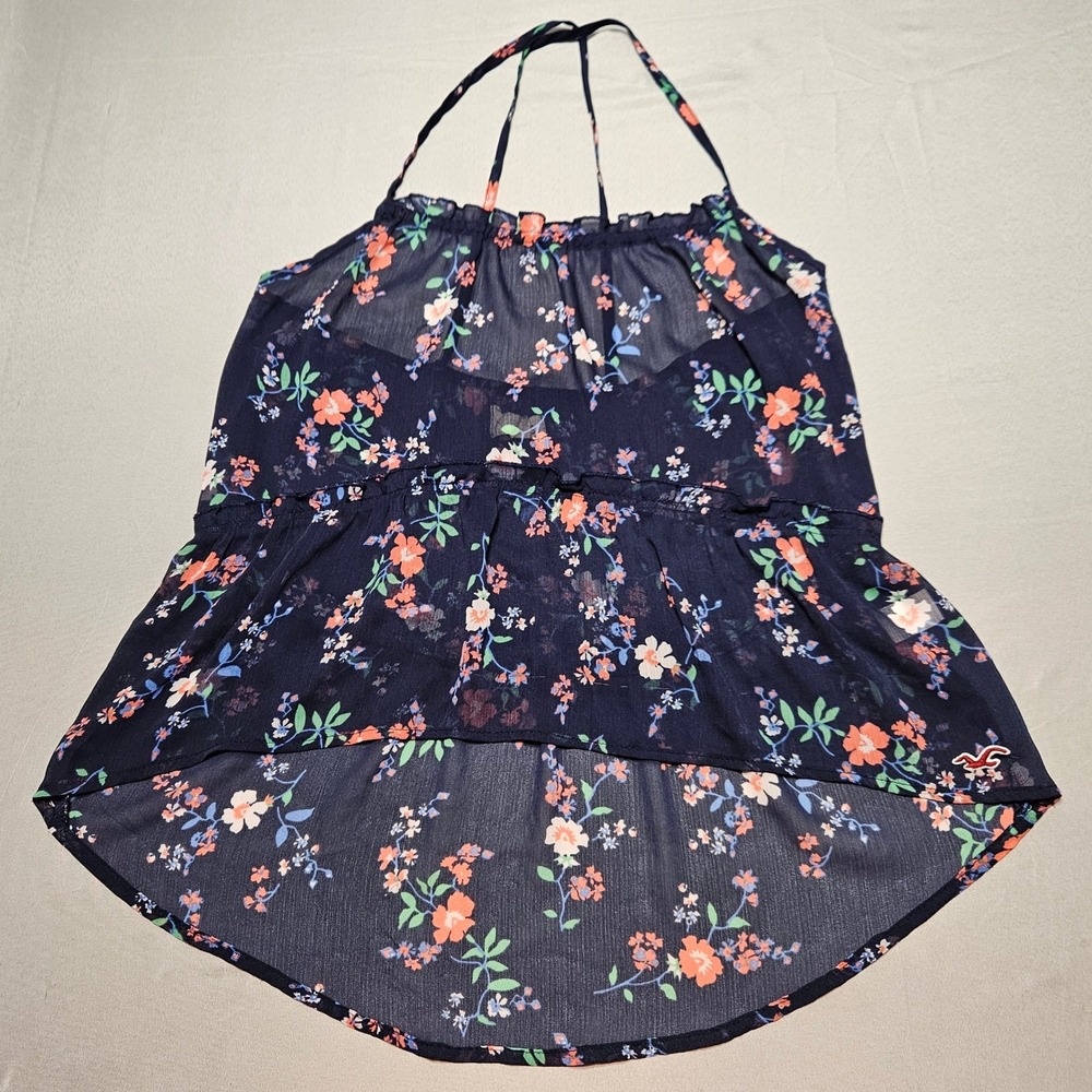 Vtg Hollister Floral Halter Top Womens XS Navy Blue High Low Sheer Chiffon Boho